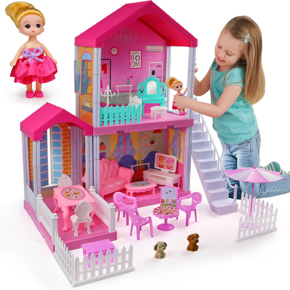aotipol Dollhouse with Cloister, Stairs and Yard - Doll House and Furniture, Accessories, Pets, Doll - DIY Dollhouses Pretend Play Toys for Girls Kids Indoor