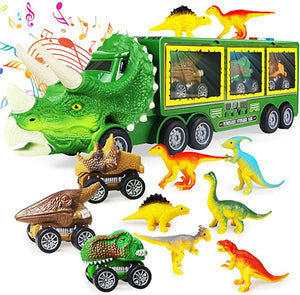 Dinosaur Toy Truck for Kids 3-7 with Flashing Lights, Music and Roaring Sound, 10 in 1 Dinosaur Toys for Boys and Girls, 3 Pull Back Dinosaur Cars, 6 Dinosaur Toys and 1 Dinosaur Carrier Truck