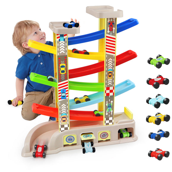 aotipol Montessori Toys for 1 2 3 Year Old Boys Toddlers, Car Ramp Toys with 6 Cars & Race Tracks, Garages and Parking Lots, Ramp Racer Toy Gift for Boys Age 1-3
