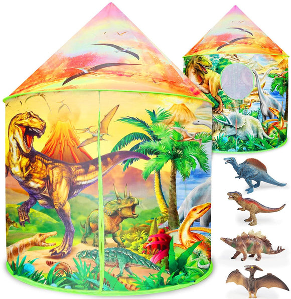 Dinosaur Tent for Kids with 4 Dinosaur Toys, Kids Tent Indoor and Outdoor, Foldable Playhouse with Storage Bag, Dinosaur Toys Gift for Boys & Girls, Toddlers and Children Play Tent