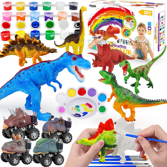 aotipol Dinosaur Painting Kit, Arts and Crafts for Kids Boys Girls, 4 Dinosaur Cars and 6 Dinosaur Figures, Painting Dinosaur Toys, Gifts for Kids Age 3-8 Years Old