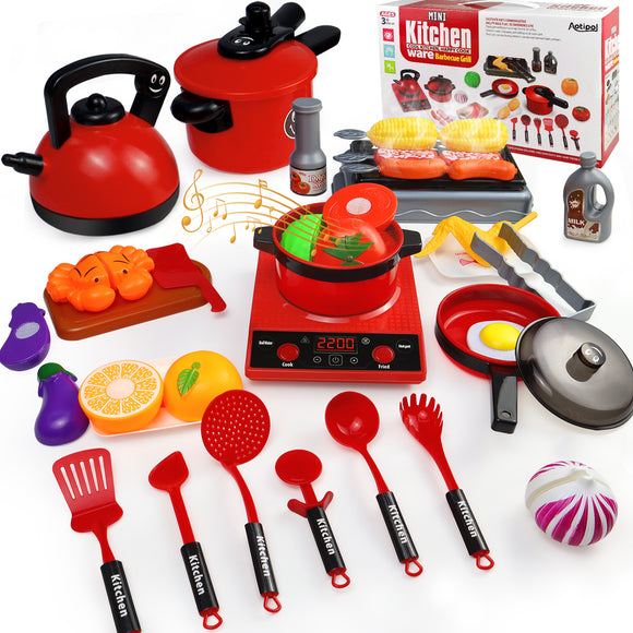 aotipol Play Kitchen Accessories Set with Sound - Kids Kitchen Pretend Toys with Pots & Pans, BBQ Grill, Cutting Play Food, Cookware Utensils - Educational Gift for Boys Girls 3 4 5 6 Years Old