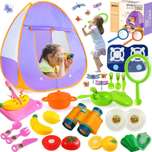 Kids Camping Tent and Toys Set, 26 Pcs Camping Gear and Pop Up Play Tent for Boys Girls Outdoor & Indoor, Pretend Play Kit for Toddlers, Toys Gift for 3 4 5 6 Year Old, Adjustable Binoculars for Kids