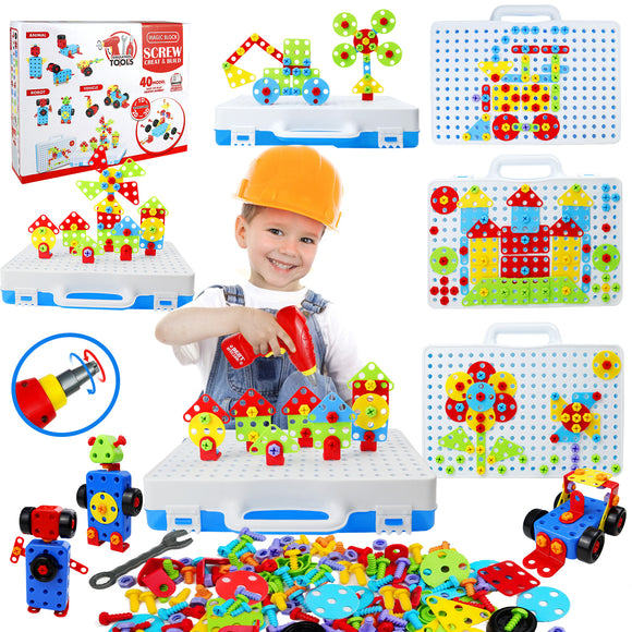 STEM Toys for 3 5 7 Year Old Boys Kids, 232 Pcs Kids Drill Set Building Blocks, Design and Drill DIY Educational Construction Engineering Toys, Creative Mosaic Electric Drill Set Gift for Kids Boys Girls Age 3-8 Years Old