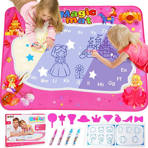 Water Doodle Mat, Educational Toys for 3 4 5 Year Old Girls Toddlers - 33.5 x 30 Inches, Princess Aqua Water Drawing Mat with Pens, Booklet and Copy Shapes, Gift for Kids Children Girls Ages 3-5