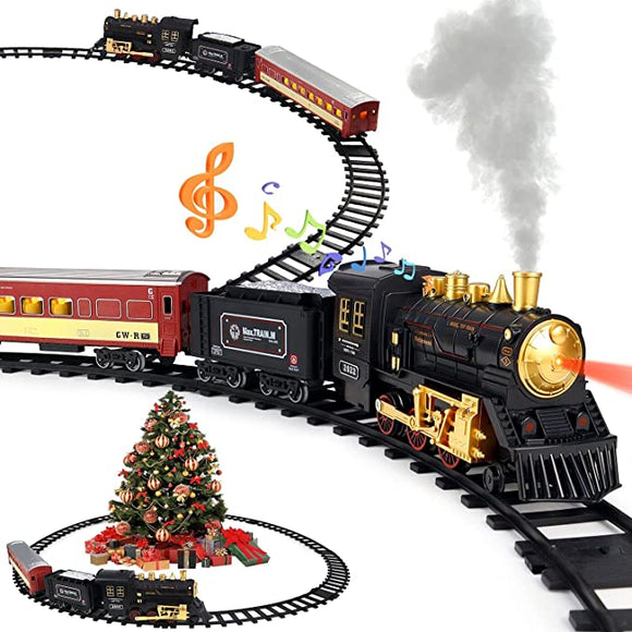 Train Set for Boys Girls - Alloy Electric Toy Train Including Passenger Coach with Lights, Steam Locomotive with Realistic Sounds & Headlight, Coal Car - Christmas Train Sets Under The Tree Gift