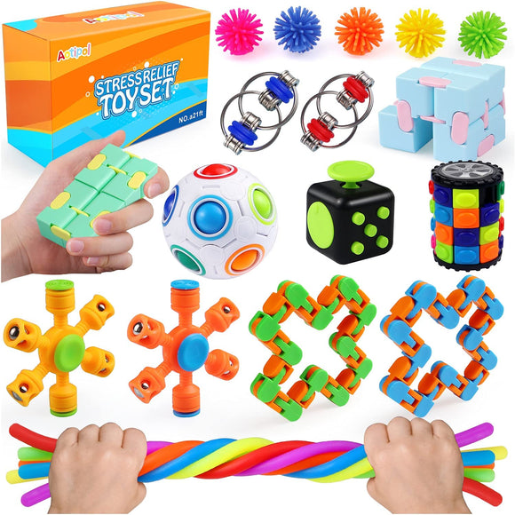 Fidget Packs Toy Set, Stress Relief Toys for Adults Autistic Children Anxiety, Fidget Box Full of Figit Toys, 22Pcs Cool Sensory Stimulation Toys Including Monkey Noodle, Fidget Cube, Spinner