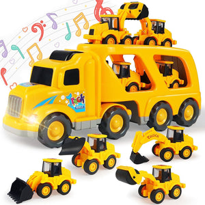 Construction Toy Trucks for 3-6 Year Old Boys & Girls, 5 in 1 Toy Cars with Light and Sound, Friction Power Play Vehicles, Gift Toys for Kids and Toddlers Ages 3-6