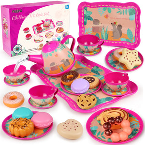 Tea Set for Little Girls 26 Pcs Including Sweets - Cookies, Doughnuts, Macaroons, Princess Tea Party Set for Kids Toddlers Children, Kitchen Pretend Play Toys, Gift for Girls and Boys 3-8 Years Old