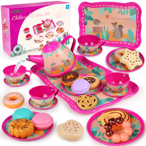 Tea Set for Little Girls 26 Pcs Including Sweets - Cookies, Doughnuts, Macaroons, Princess Tea Party Set for Kids Toddlers Children, Kitchen Pretend Play Toys, Gift for Girls and Boys 3-8 Years Old